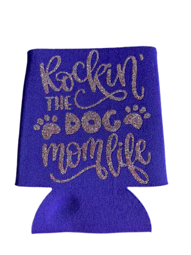 High-quality, brightly colored can koozies with cute dog designs made with sparkly vinyl.