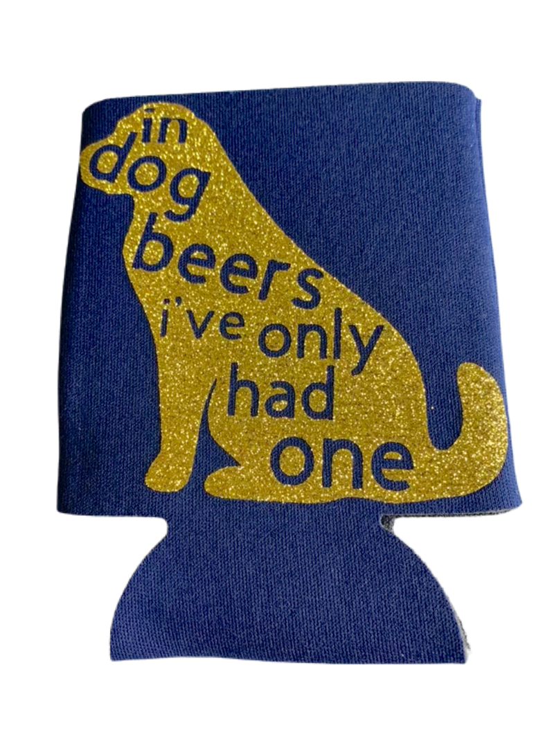 High-quality, brightly colored can koozies with cute dog designs made with sparkly vinyl.