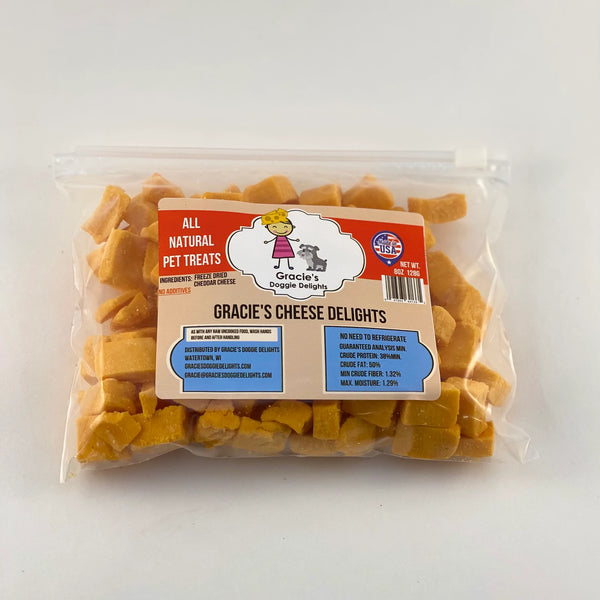 Gracie's Doggie Delights are 1-ingredient treats your pets will love. Made from 100% authentic Wisconsin cheddar cheese that is sourced, made, and packaged in Watertown, WI. Treats are freeze-dried, no refrigeration needed.