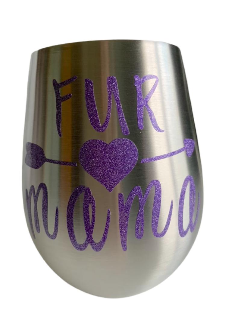 Stemless wine glasses with cute dog designs made with sparkly vinyl. Glasses have a sleek and elegant design, and are made from food-grade stainless steel. These heavy-duty glasses are shatterproof and have a weighted base, making them tip resistant.