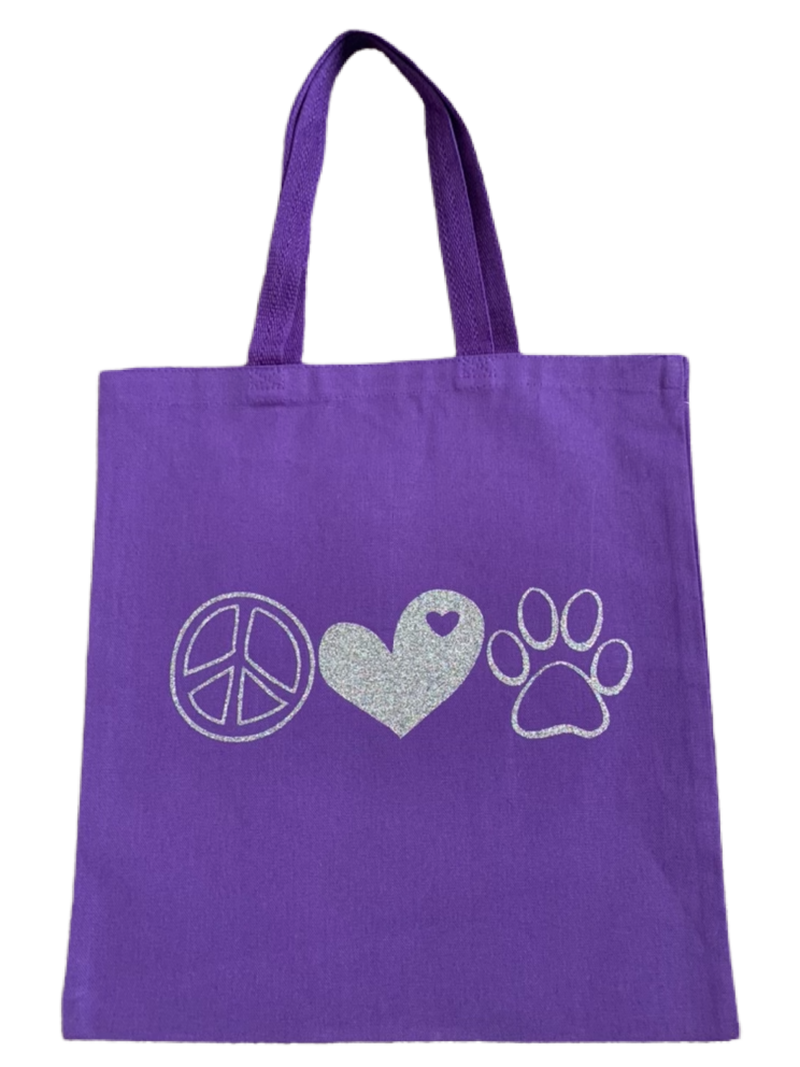 High-quality, brightly colored canvas tote bags with cute dog designs made with sparkly vinyl.