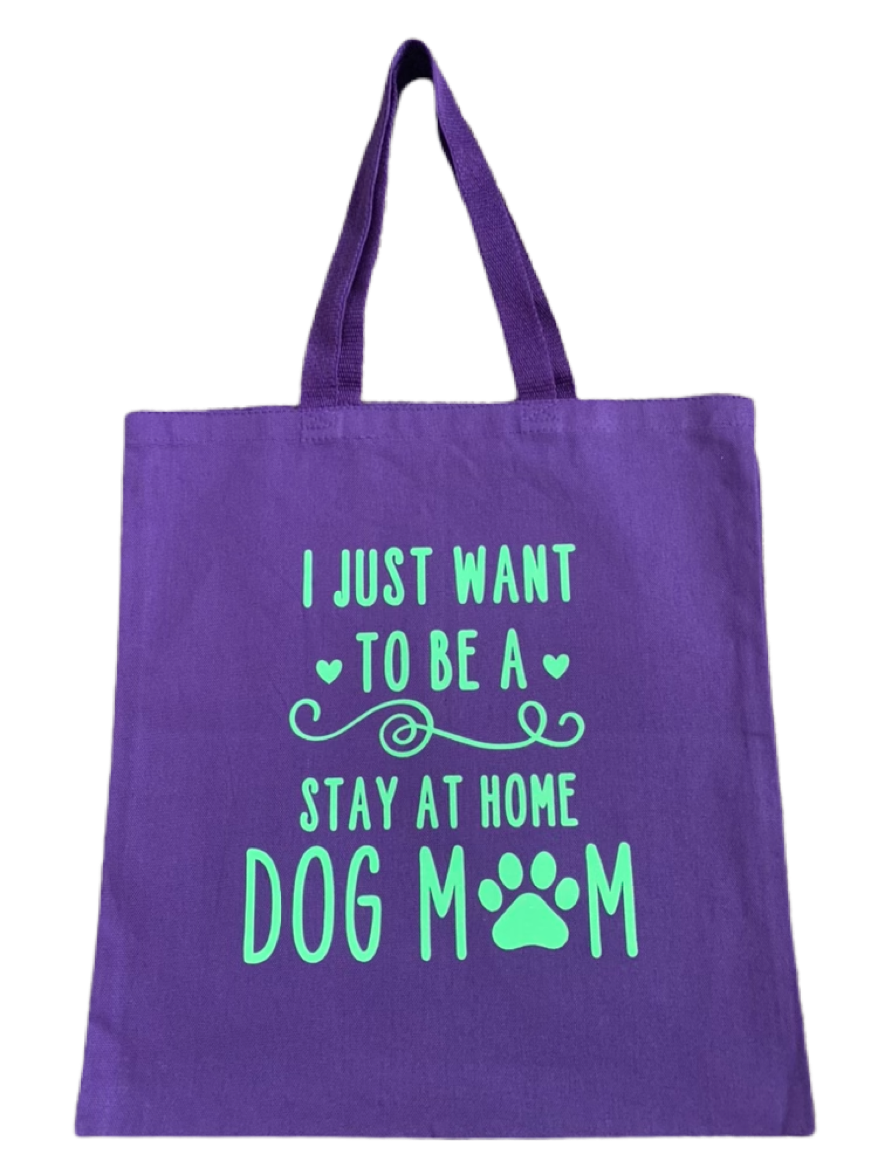 High-quality, brightly colored canvas tote bags with cute dog designs made with sparkly vinyl.