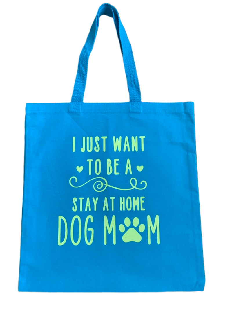 High-quality, brightly colored canvas tote bags with cute dog designs made with sparkly vinyl.