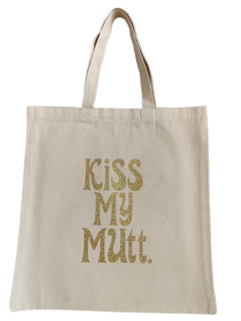 High-quality, brightly colored canvas tote bags with cute dog designs made with sparkly vinyl.