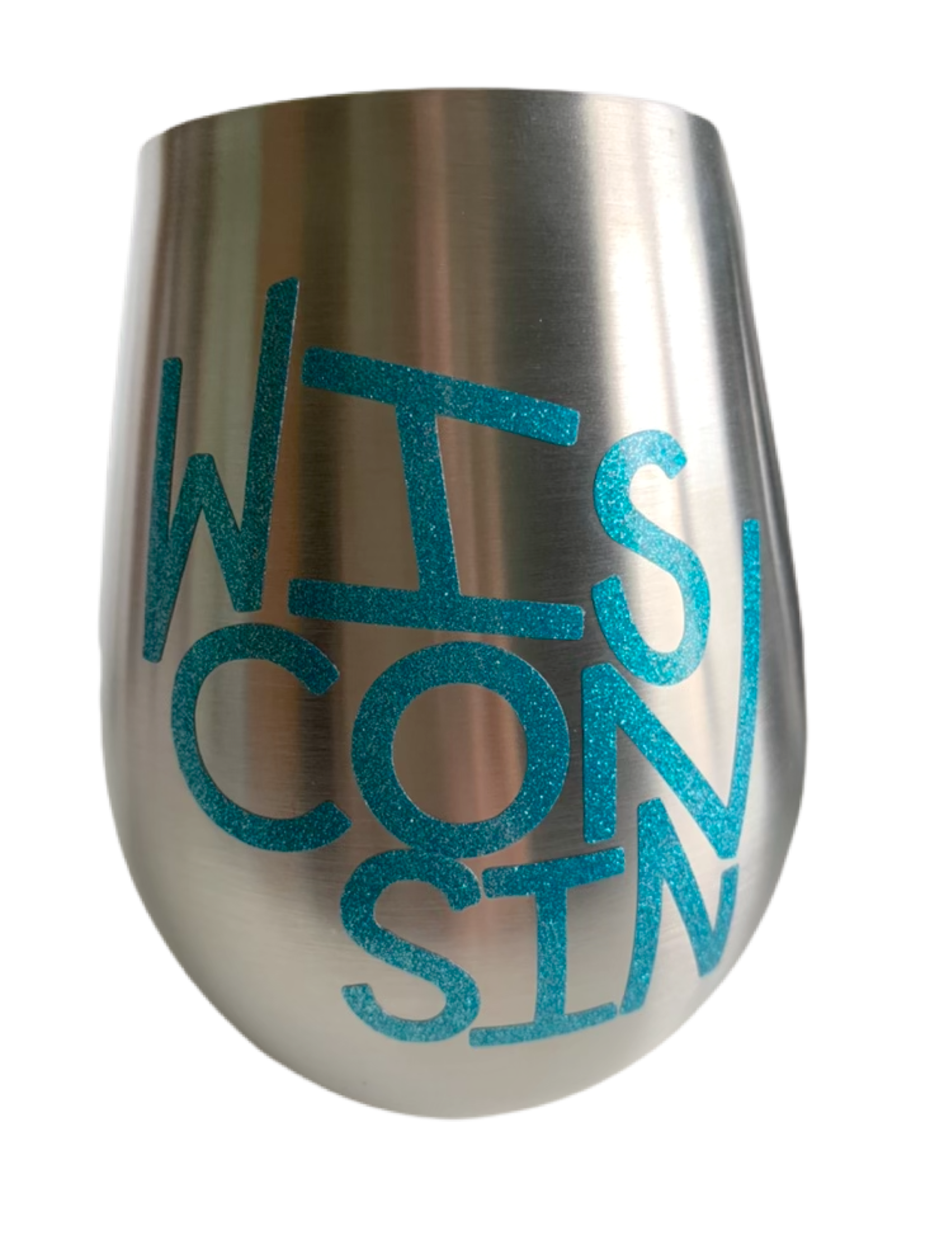 Stemless wine glasses with Wisconsin sports themed designs made with sparkly vinyl. Glasses have a sleek and elegant design, and are made from food-grade stainless steel. These heavy-duty glasses are shatterproof and have a weighted base, making them tip resistant.