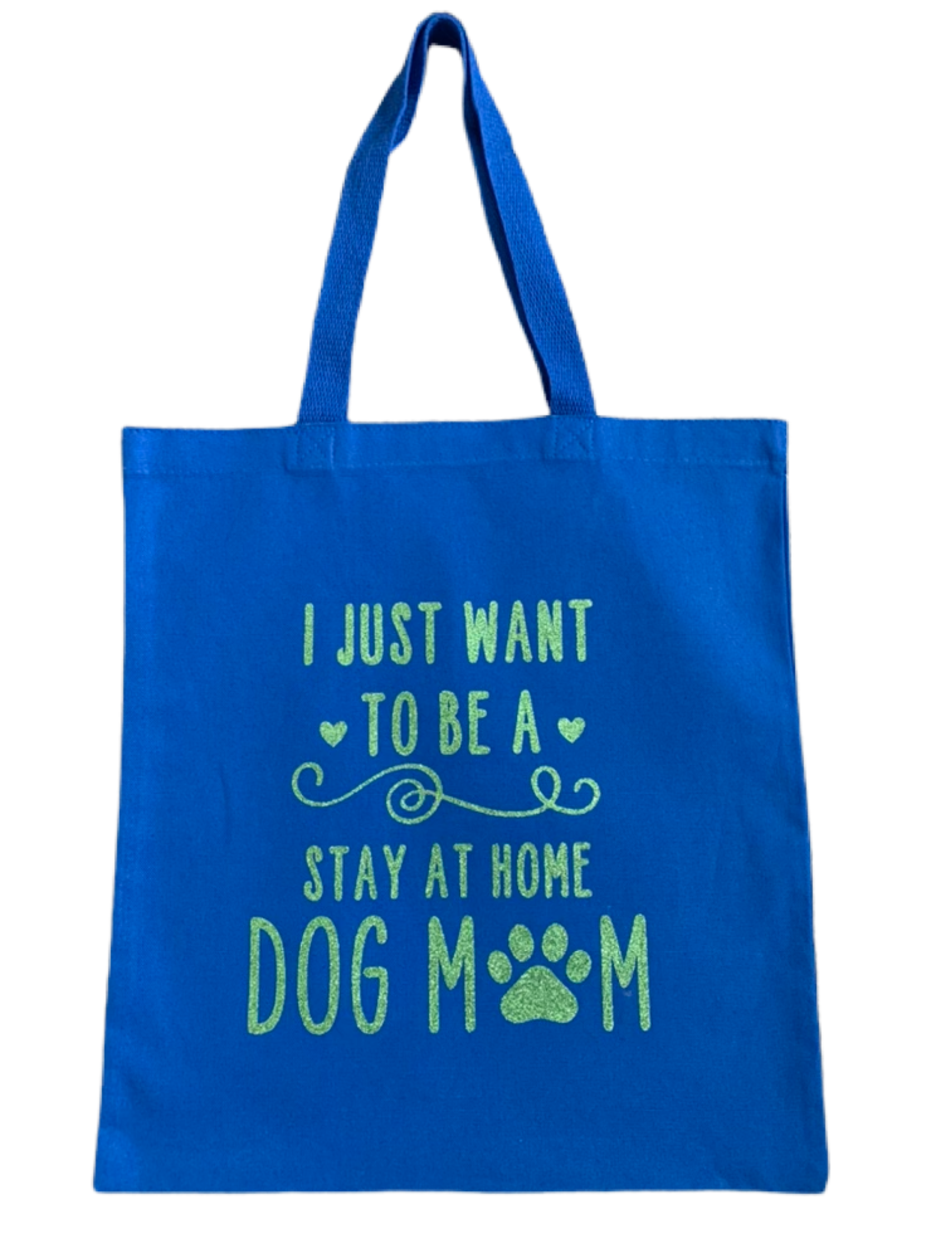 High-quality, brightly colored canvas tote bags with cute dog designs made with sparkly vinyl.