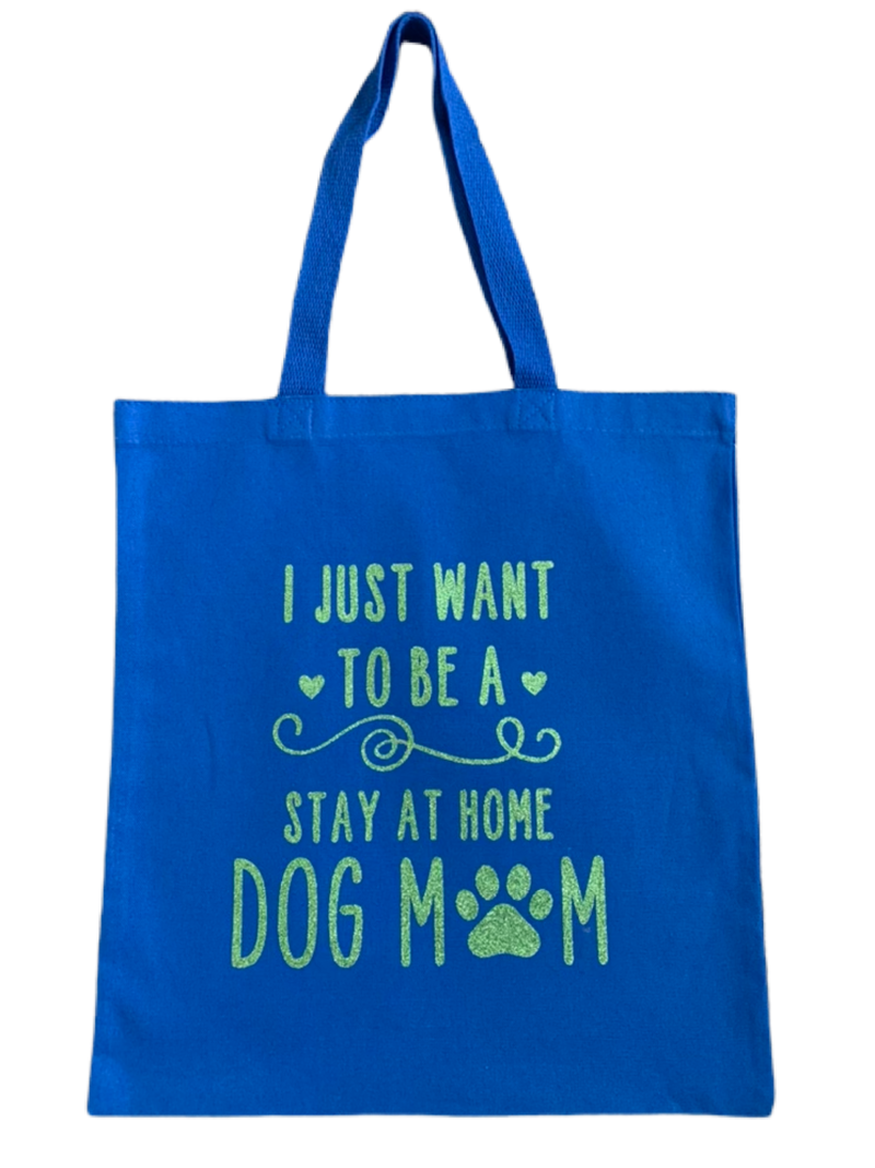 High-quality, brightly colored canvas tote bags with cute dog designs made with sparkly vinyl.