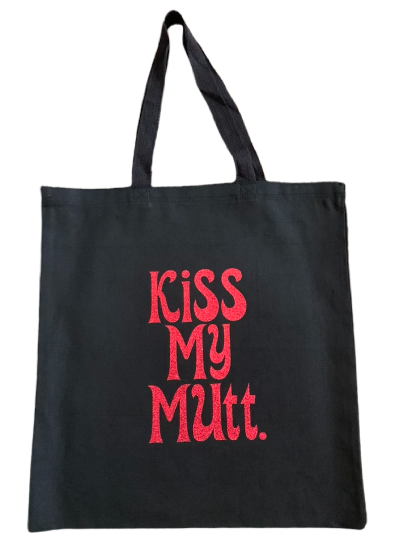 High-quality, brightly colored canvas tote bags with cute dog designs made with sparkly vinyl.