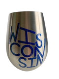 Stemless wine glasses with Wisconsin sports themed designs made with sparkly vinyl. Glasses have a sleek and elegant design, and are made from food-grade stainless steel. These heavy-duty glasses are shatterproof and have a weighted base, making them tip resistant.
