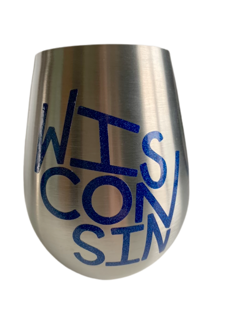 Stemless wine glasses with Wisconsin sports themed designs made with sparkly vinyl. Glasses have a sleek and elegant design, and are made from food-grade stainless steel. These heavy-duty glasses are shatterproof and have a weighted base, making them tip resistant.