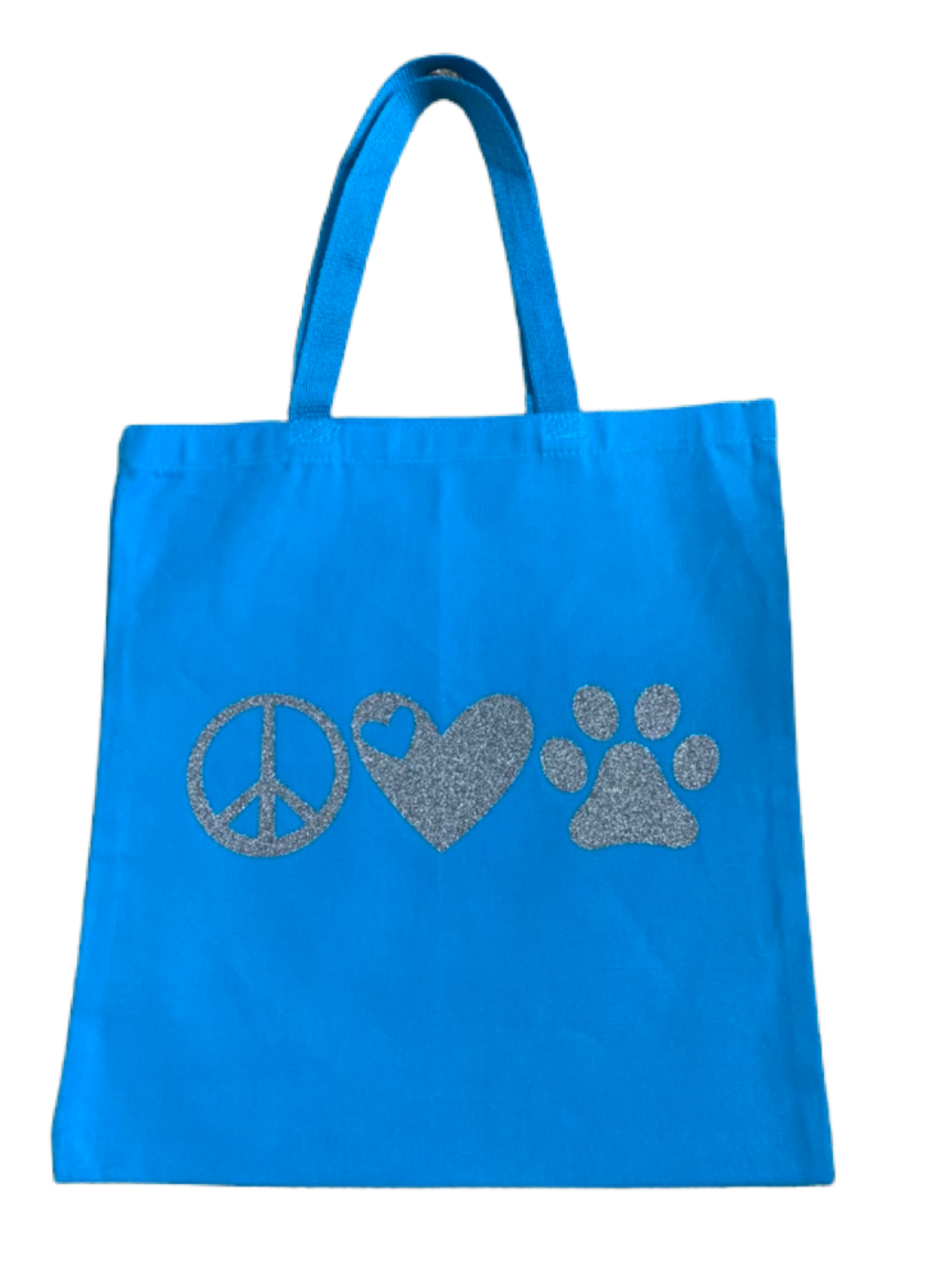 High-quality, brightly colored canvas tote bags with cute dog designs made with sparkly vinyl.