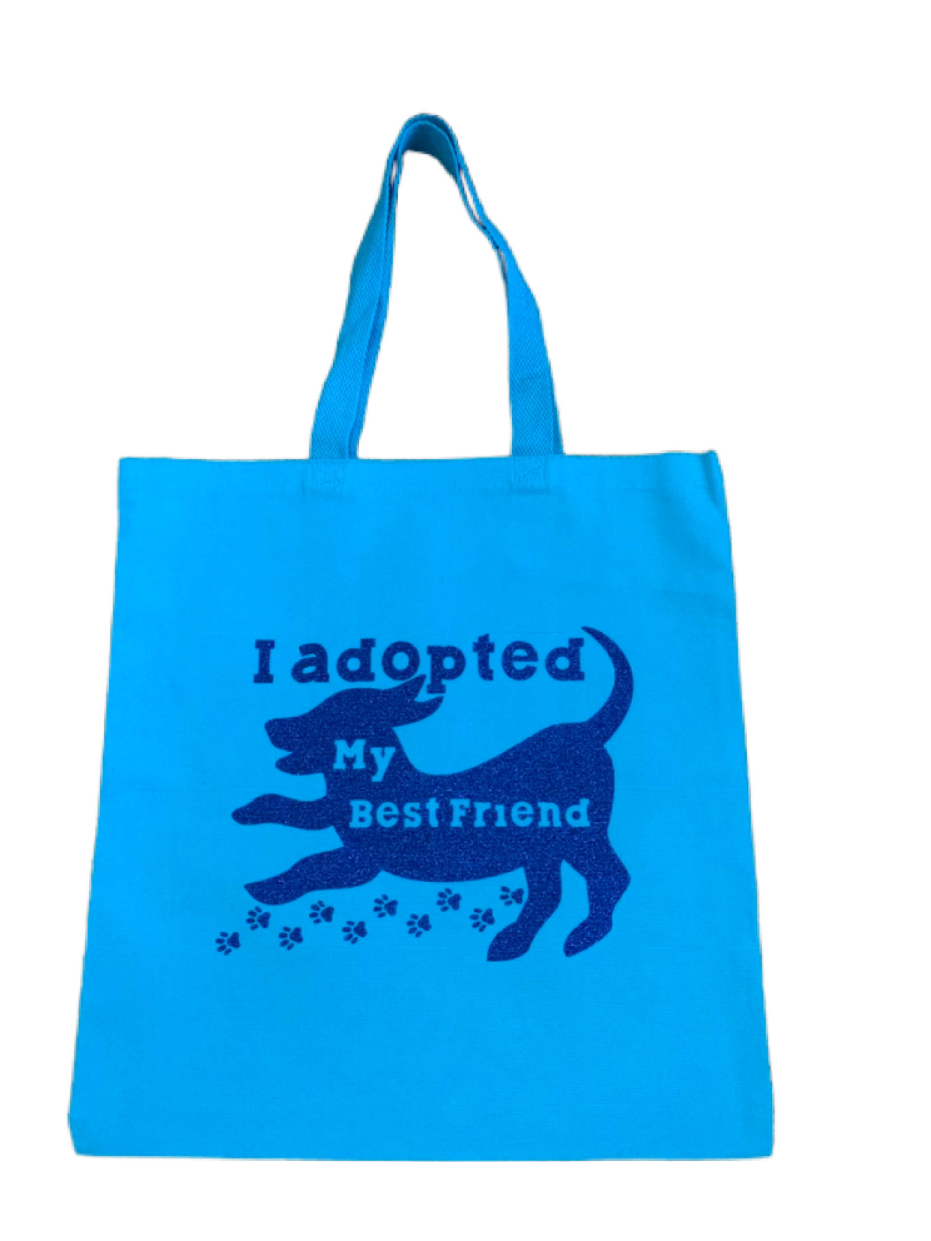 High-quality, brightly colored canvas tote bags with cute dog designs made with sparkly vinyl.