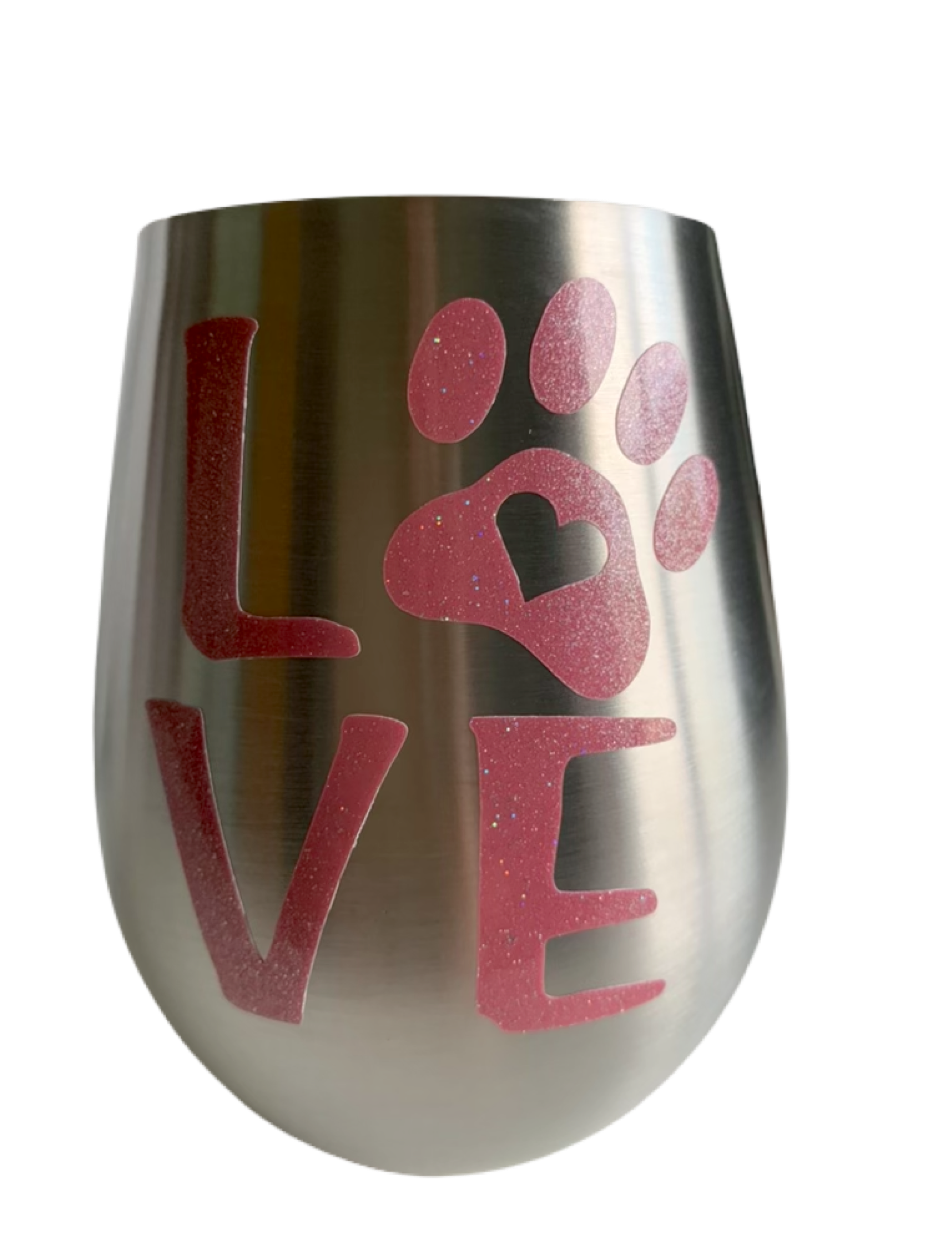 Stemless wine glasses with cute dog designs made with sparkly vinyl. Glasses have a sleek and elegant design, and are made from food-grade stainless steel. These heavy-duty glasses are shatterproof and have a weighted base, making them tip resistant.