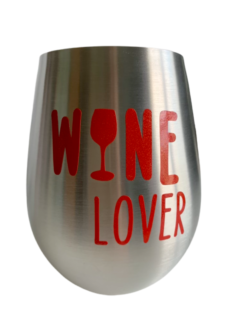 Stemless wine glasses with cute dog designs made with sparkly vinyl. Glasses have a sleek and elegant design, and are made from food-grade stainless steel. These heavy-duty glasses are shatterproof and have a weighted base, making them tip resistant.