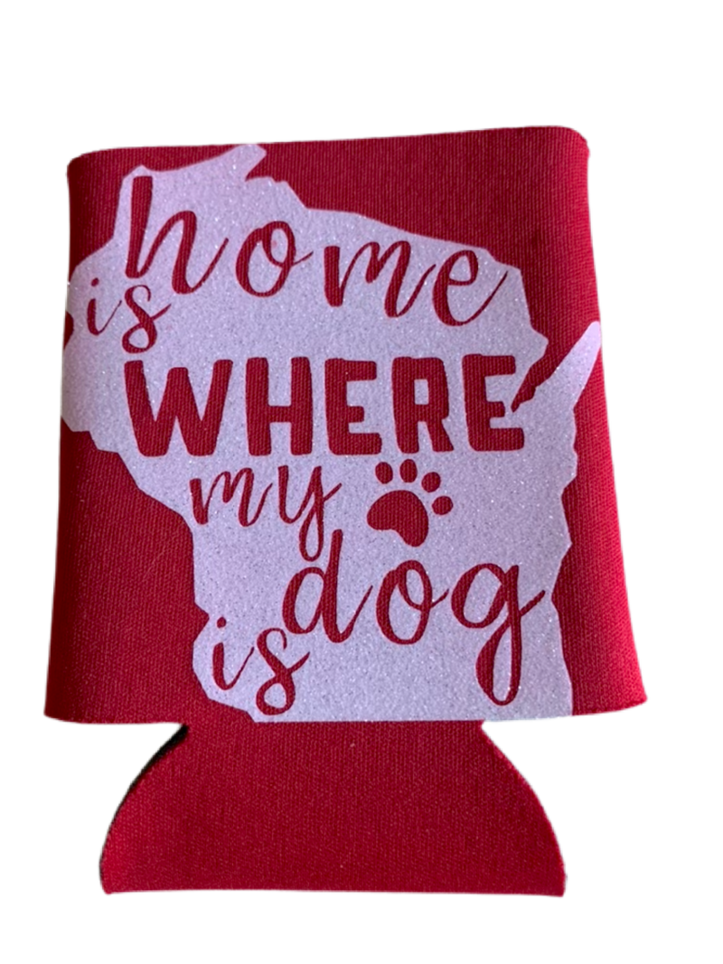 High-quality, brightly colored can koozies with cute dog designs made with sparkly vinyl.
