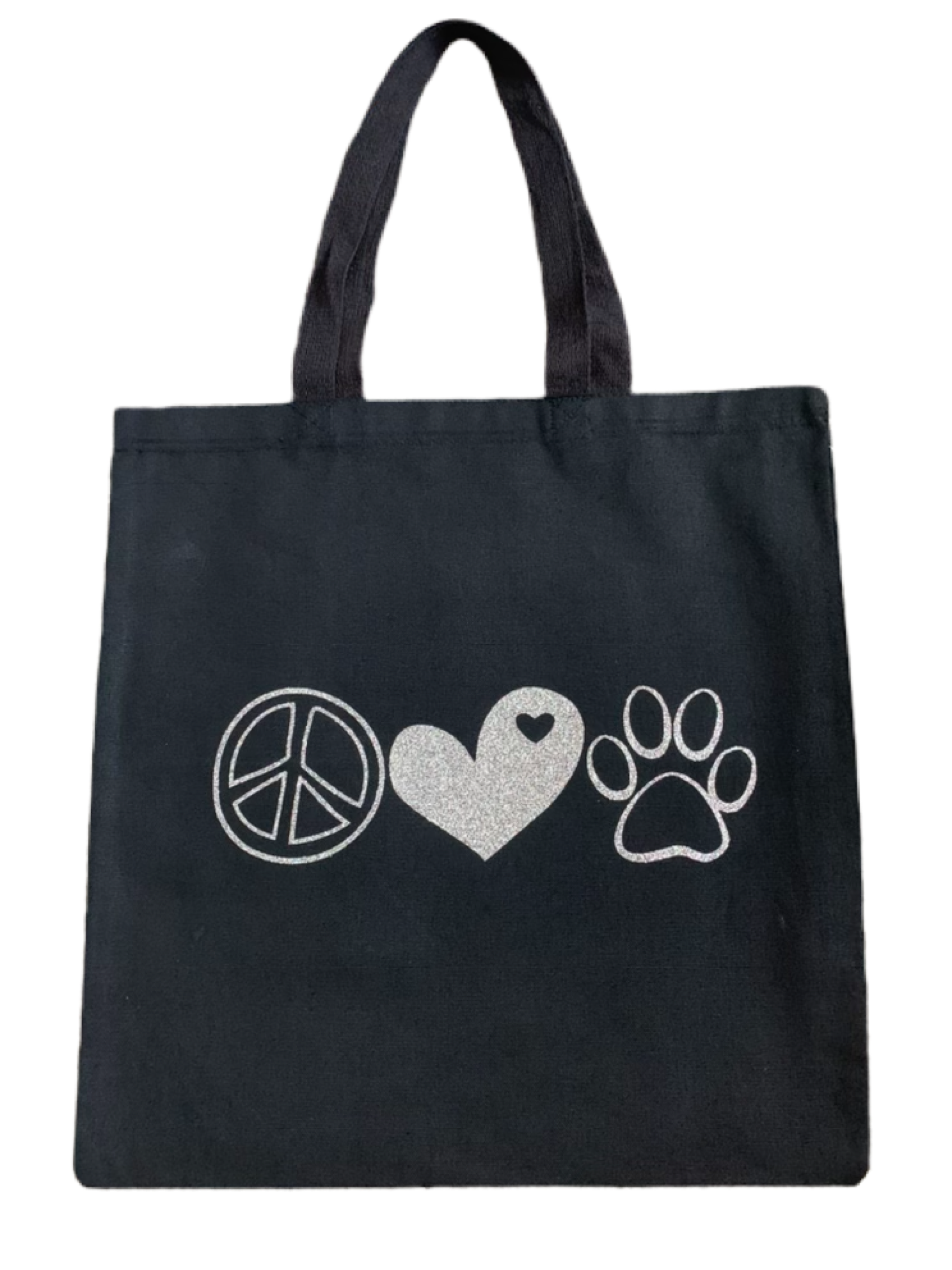 High-quality, brightly colored canvas tote bags with cute dog designs made with sparkly vinyl.