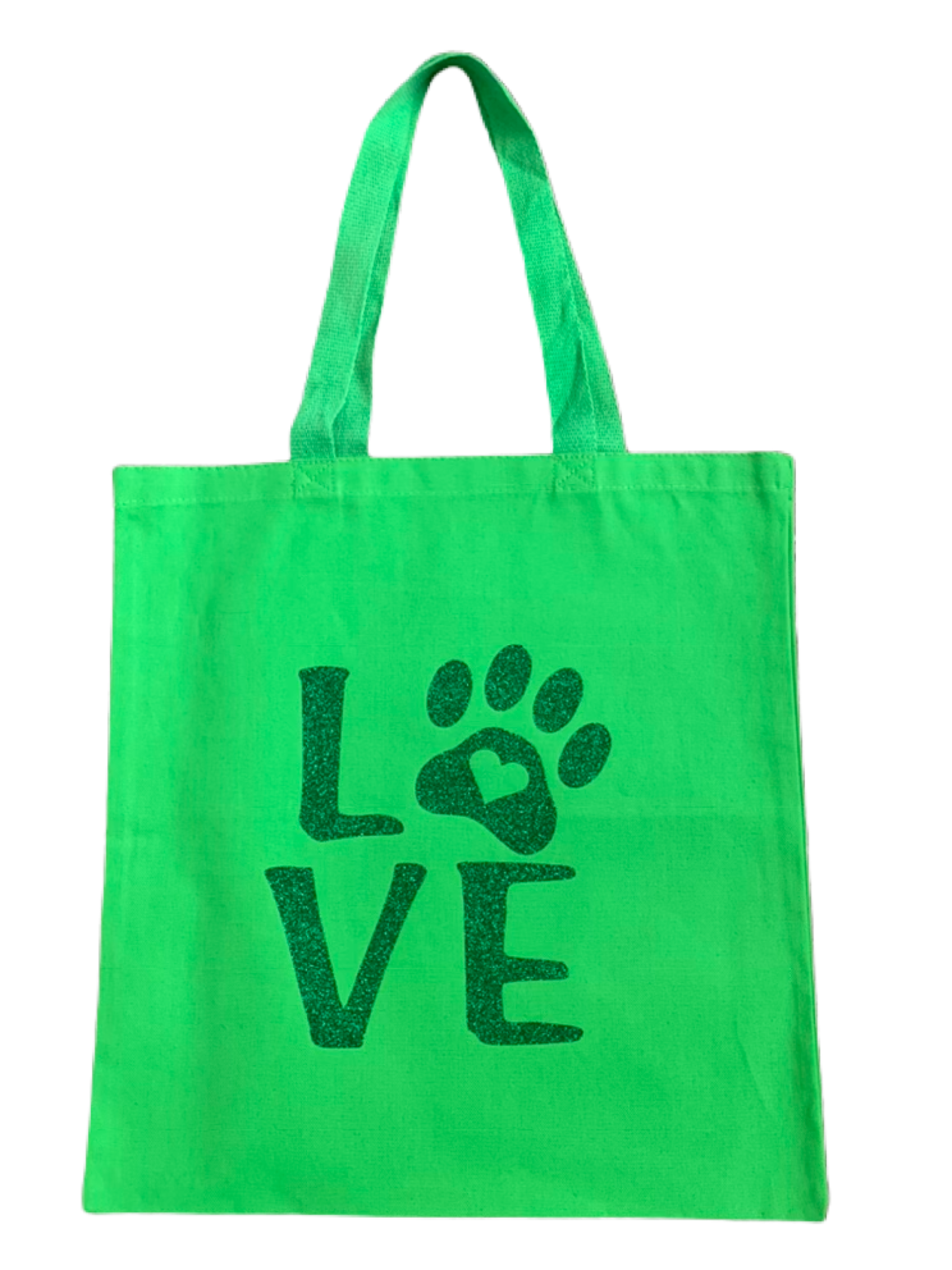 High-quality, brightly colored canvas tote bags with cute dog designs made with sparkly vinyl.