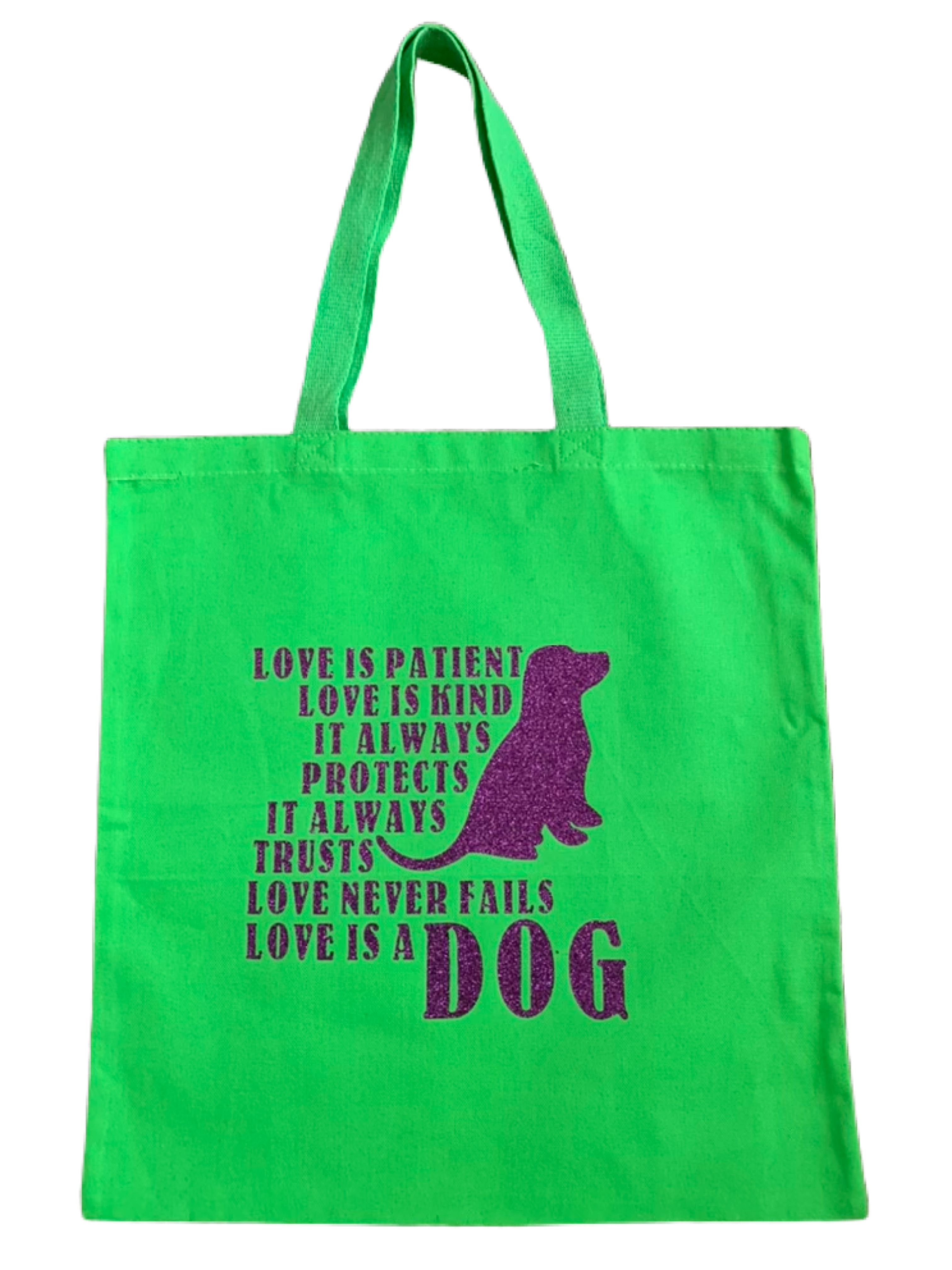 High-quality, brightly colored canvas tote bags with cute dog designs made with sparkly vinyl.