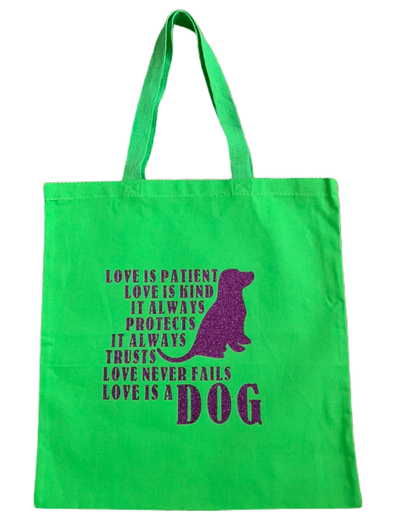 High-quality, brightly colored canvas tote bags with cute dog designs made with sparkly vinyl.