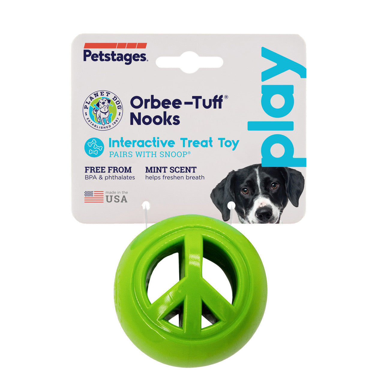 Nook ball is made from the award-winning Orbee-Tuff material, which is 100% recyclable and non-toxic. Ball is durable, bouncy, buoyant, and perfect for tossing, fetching, and bouncing. Stuff with tiny treat bites, nut butter, or cheese.