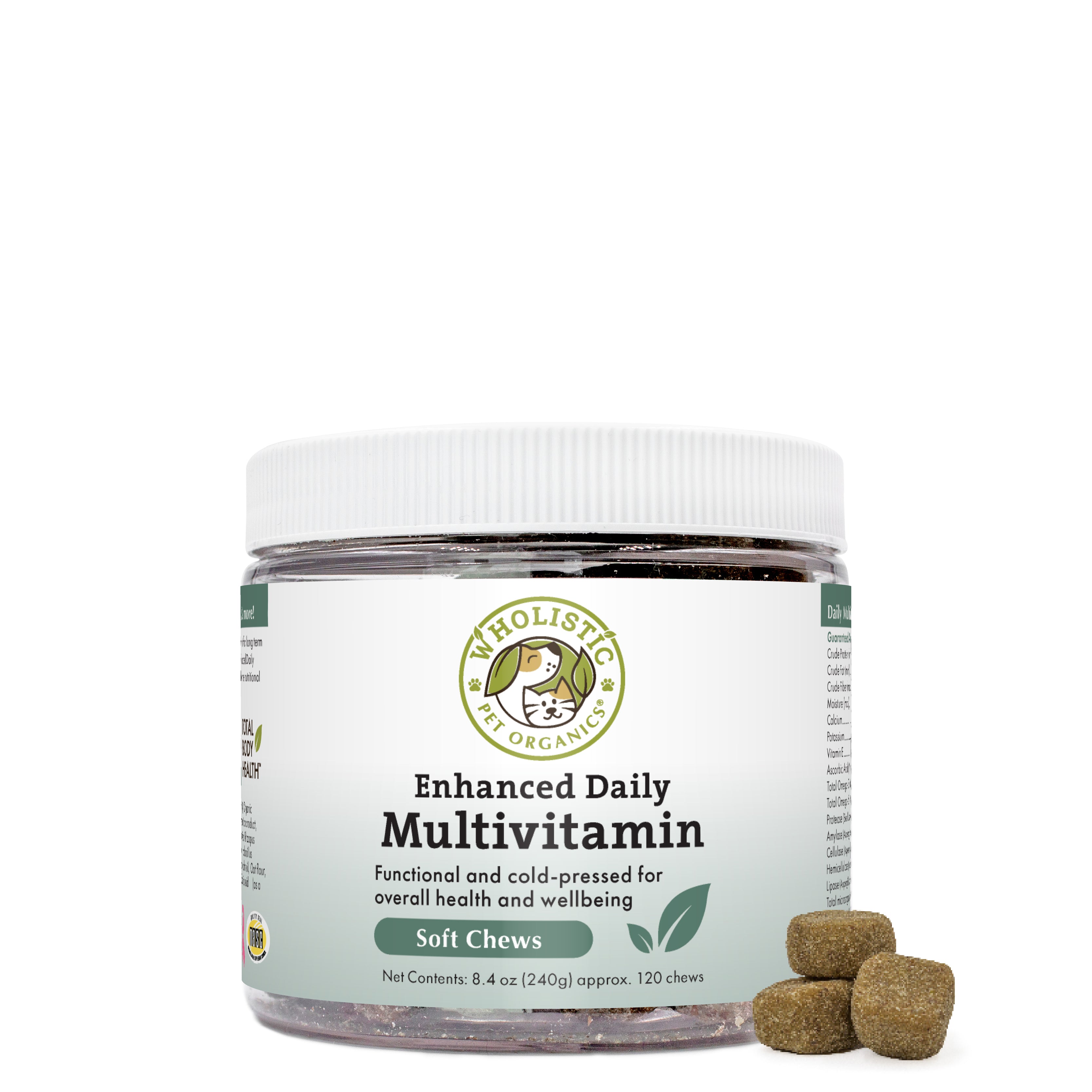 A super-premium, cold-pressed soft chew that provides your pet with a complete array of vitamins, minerals, enzymes, essential fatty acids, powerful antioxidants, and digestive microflora.
