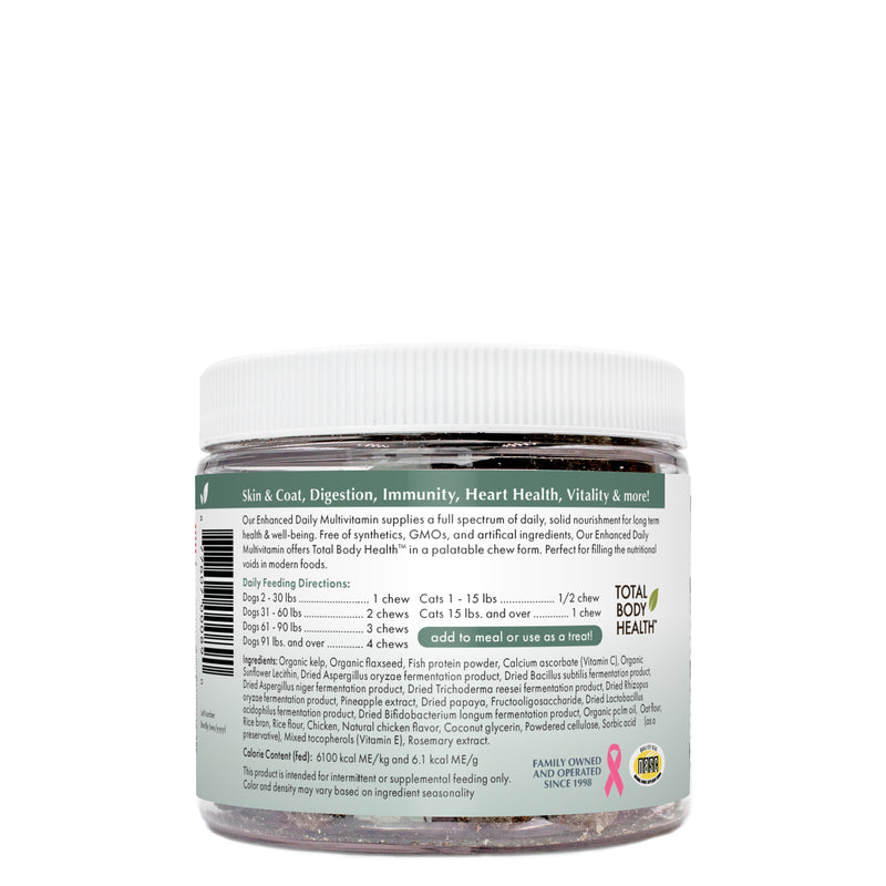A super-premium, cold-pressed soft chew that provides your pet with a complete array of vitamins, minerals, enzymes, essential fatty acids, powerful antioxidants, and digestive microflora.