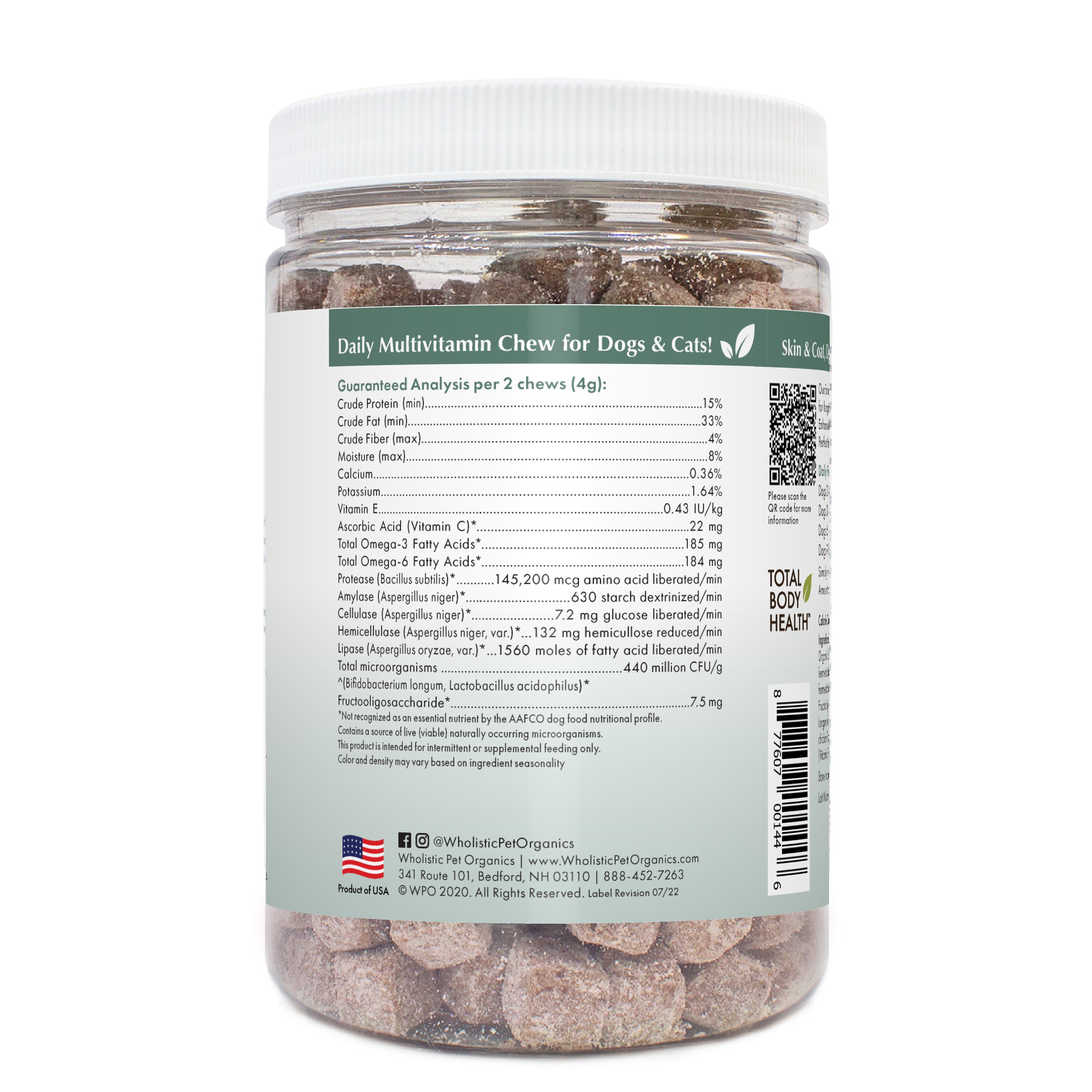 A super-premium, cold-pressed soft chew that provides your pet with a complete array of vitamins, minerals, enzymes, essential fatty acids, powerful antioxidants, and digestive microflora.