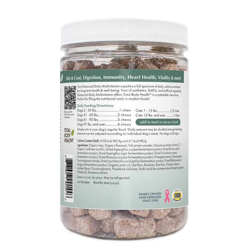 A super-premium, cold-pressed soft chew that provides your pet with a complete array of vitamins, minerals, enzymes, essential fatty acids, powerful antioxidants, and digestive microflora.