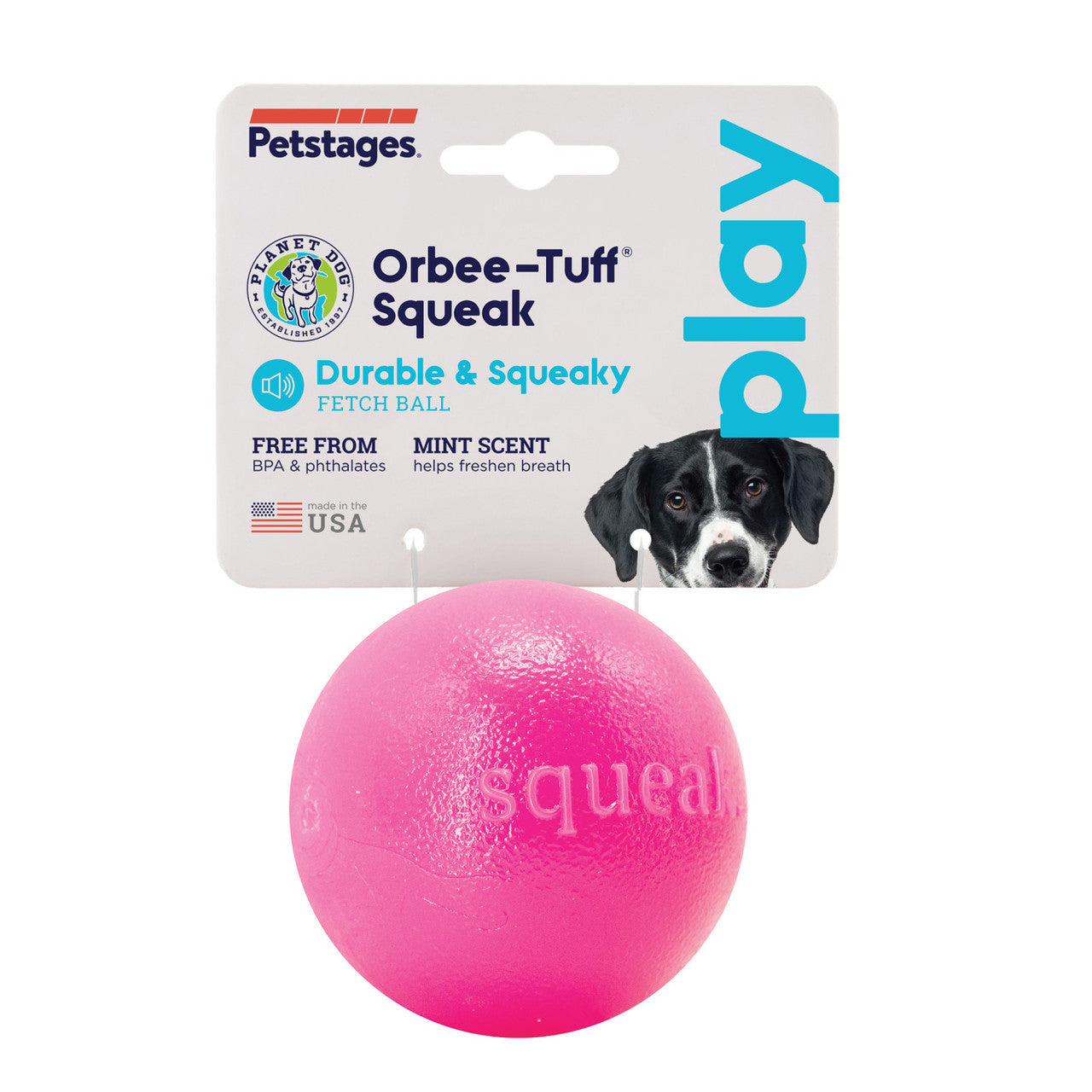 Squeak ball is made from the award-winning Orbee-Tuff material, which is 100% recyclable and non-toxic. Ball is ultra-durable, bouncy, buoyant, and perfect for tossing, fetching, and bouncing. Takes a powerful chewer to make Squeak ... squeak! Toy is infused with natural mint oil.