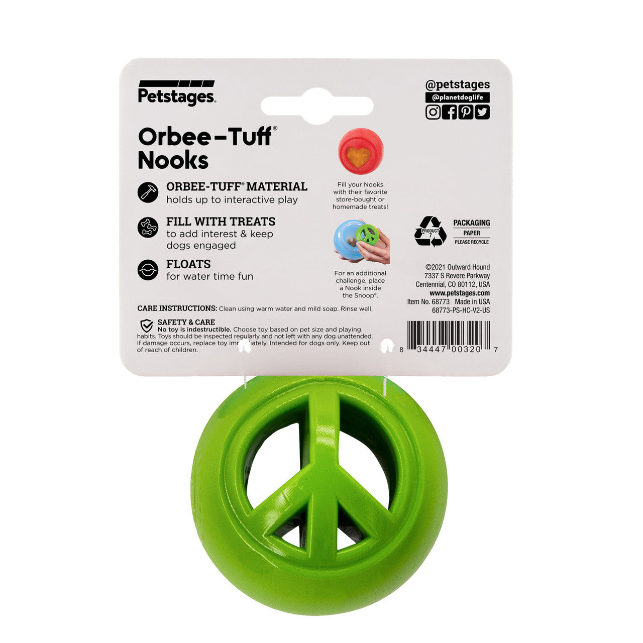 Nook ball is made from the award-winning Orbee-Tuff material, which is 100% recyclable and non-toxic. Ball is durable, bouncy, buoyant, and perfect for tossing, fetching, and bouncing. Stuff with tiny treat bites, nut butter, or cheese.