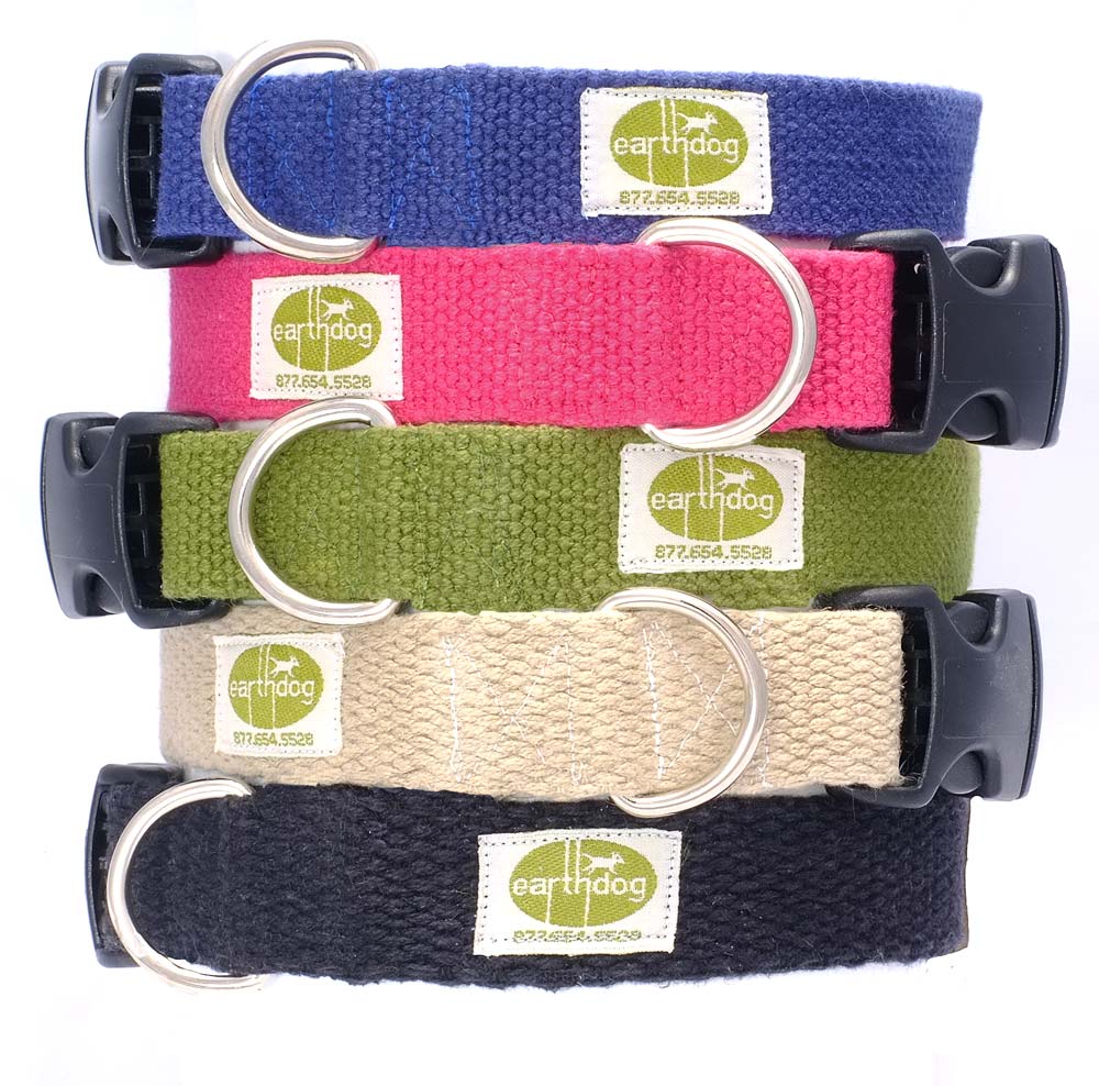 Brightly colored collars by Earth Dog are made from 100% hemp webbing. Hemp fibers have antimicrobial properties and are naturally hypoallergenic, making these collars perfect for everyday wear and for dogs with skin sensitivities and/or allergies. Collars are durable and easy to clean.