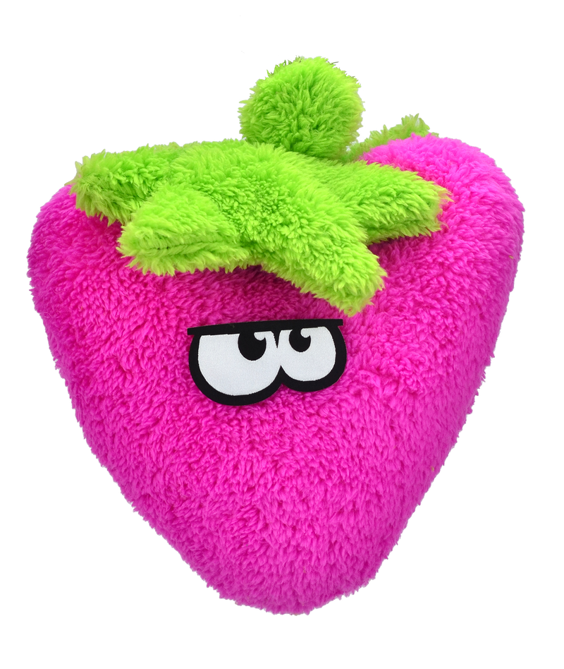 The Duraplush Strawberry dog toy is durable, soft, eco-friendly, and made in the USA. It features a Duraplush 2-ply bonded outer material, Stitchguard internal seams, and eco-fill recycled filling. Toy does not contain an internal squeaker.